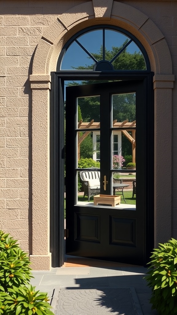 A view of a black door leading to a garden with outdoor seating.