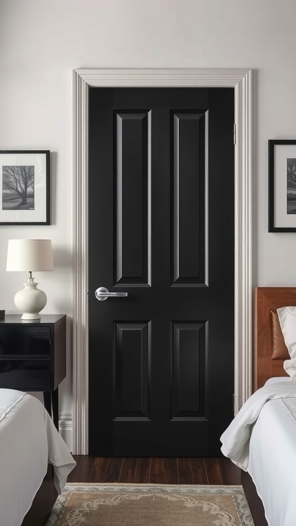 A black door leading to a bedroom, surrounded by light-colored walls and framed pictures.