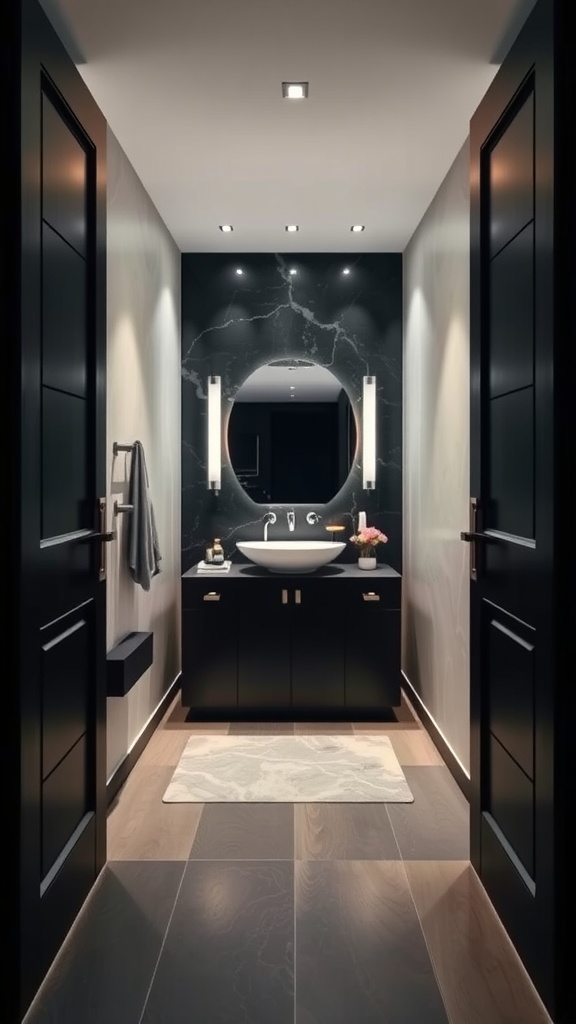 A stylish bathroom with black doors, modern sink, and elegant lighting.