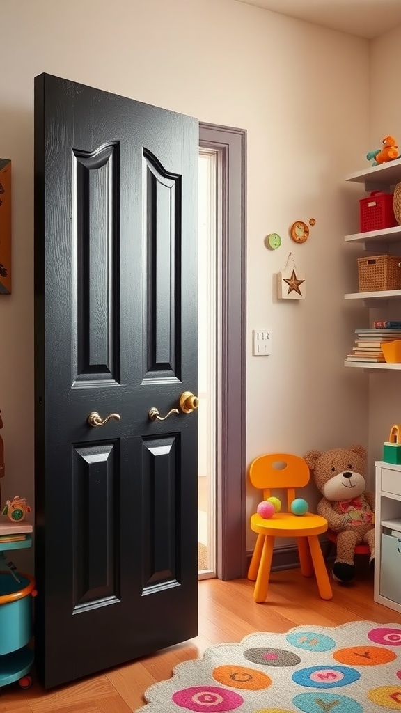 A black door in a children's room with colorful decor and toys.