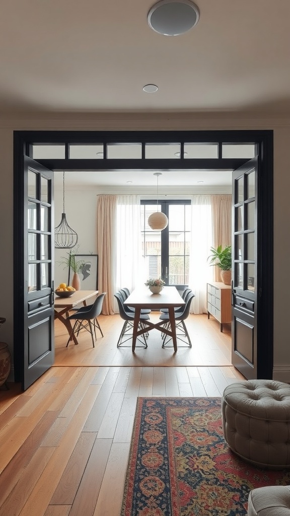 Interior view of a room with black double doors leading to a dining area, featuring a round table and modern chairs.