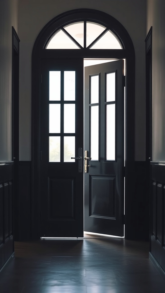 Interior black doors with glass inserts, partially open, allowing light to enter.