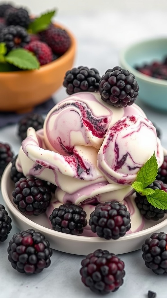 Blackberry Vanilla Swirl Keto Ice Cream served with fresh blackberries