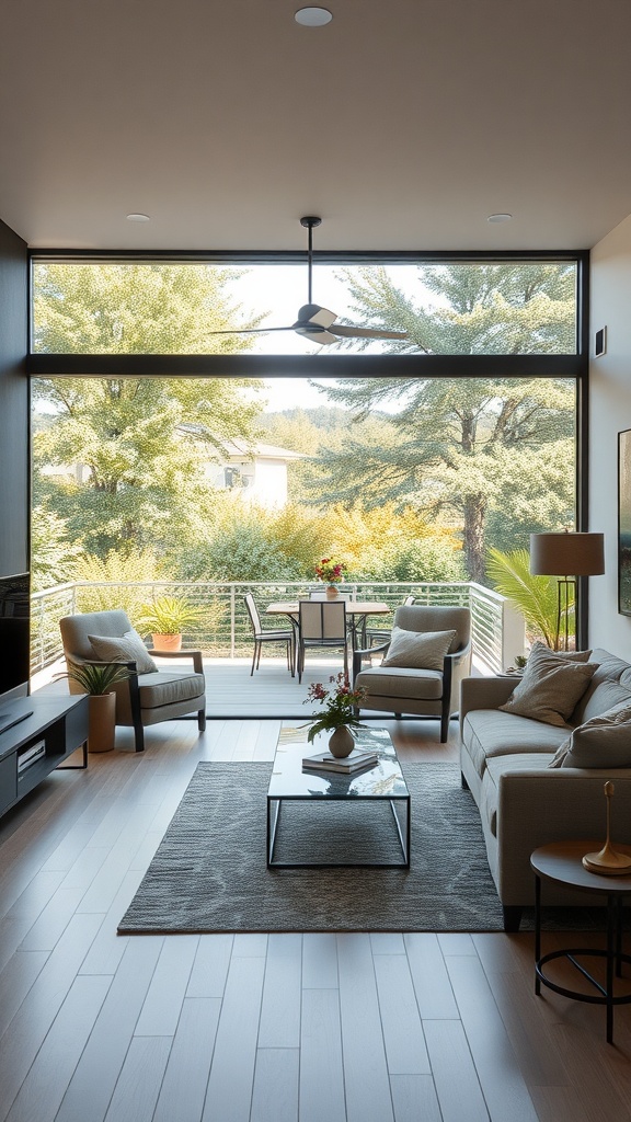 A spacious living area with large windows overlooking an outdoor dining space, showcasing a blend of indoor and outdoor design elements.