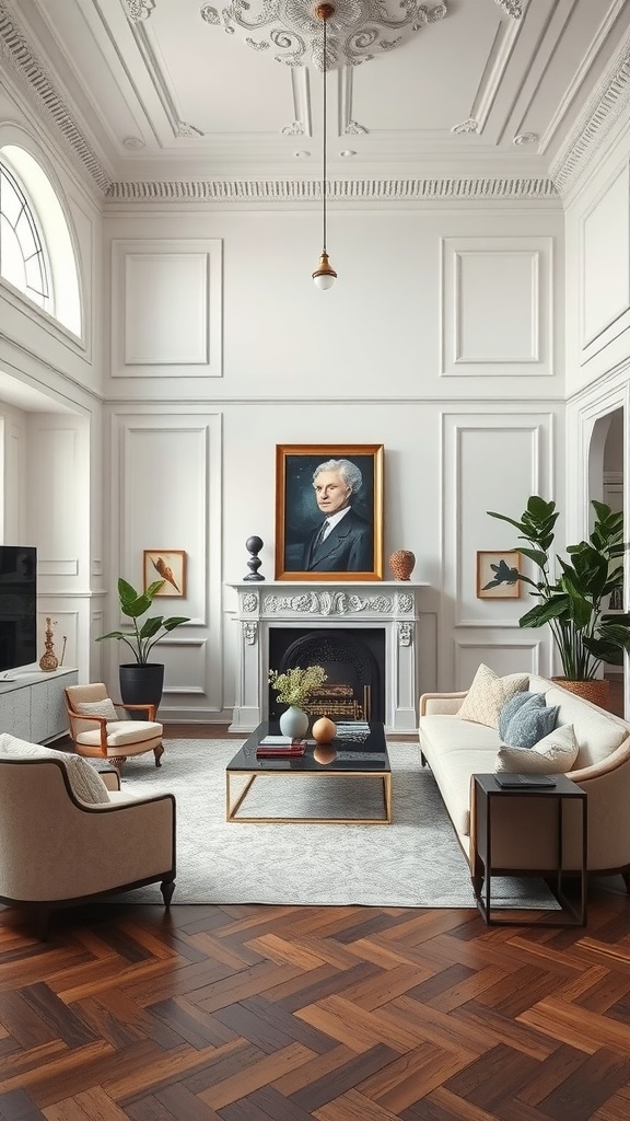 A beautifully designed living room with neoclassical features and contemporary elements.