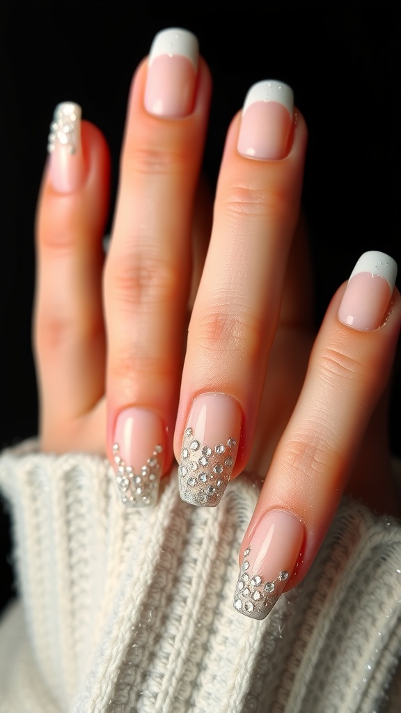 Close-up of blinged-out white French tip nails with rhinestones.