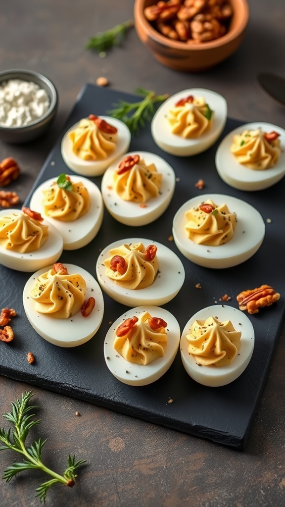 Blue cheese and walnut deviled eggs garnished with walnuts and herbs on a slate platter.