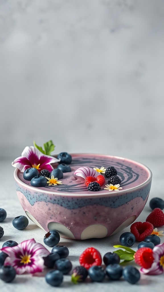 Delicious Blueberry Acai Swirl Bowl topped with fruits and flowers
