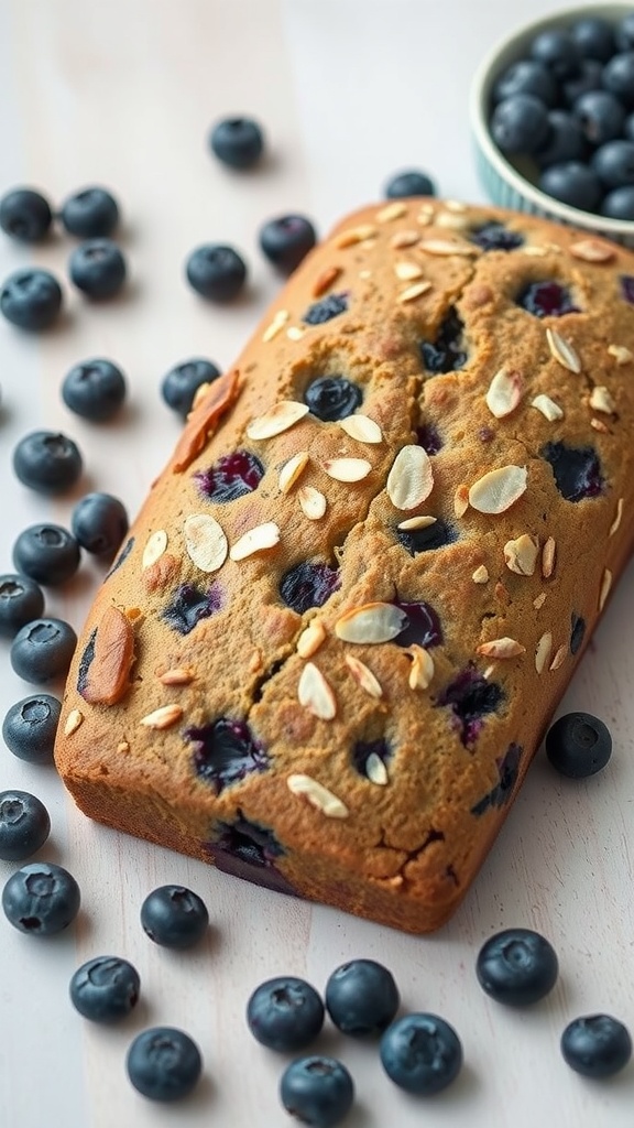 A loaf of blueberry almond bread topped with sliced almonds and surrounded by fresh blueberries.
