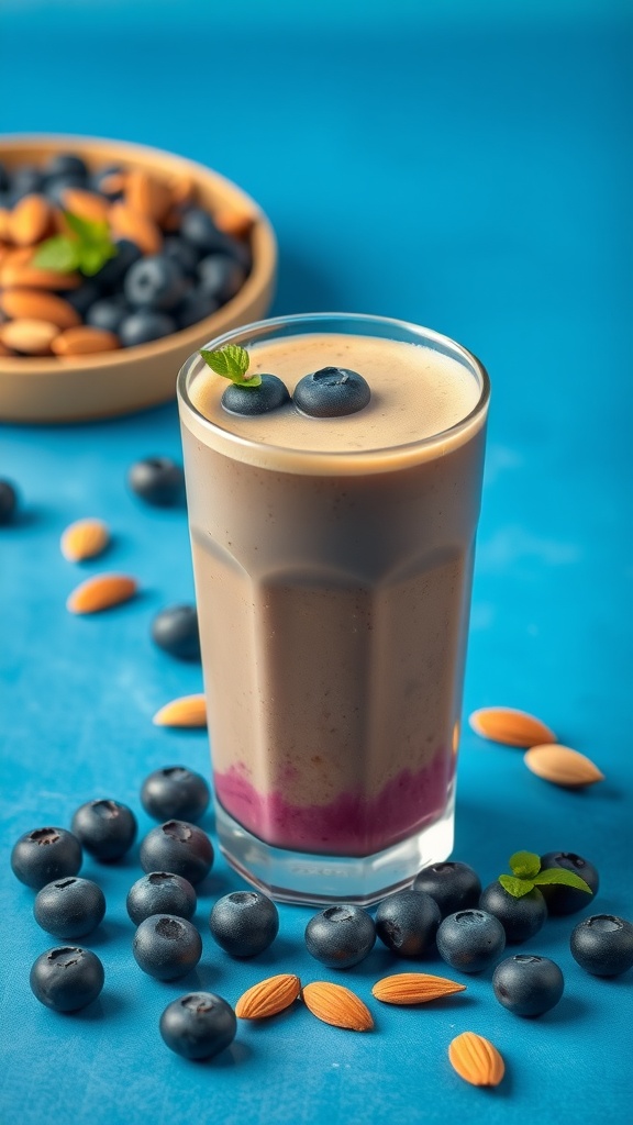 A glass of blueberry almond coffee shake surrounded by blueberries and almonds.