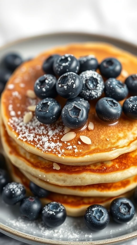 A stack of blueberry almond keto pancakes topped with fresh blueberries and a sprinkle of powdered sugar.