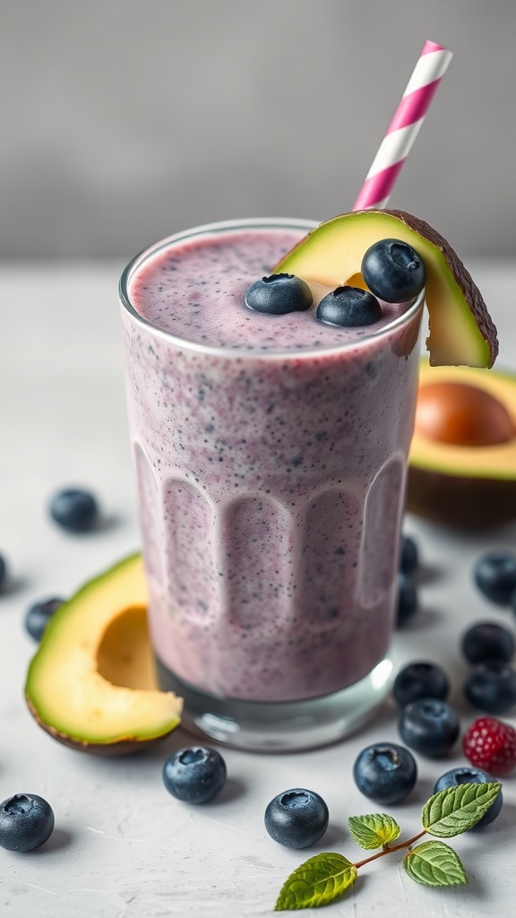 A glass of blueberry avocado smoothie topped with blueberries and garnished with a slice of avocado.