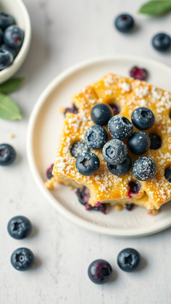 A slice of blueberry cornbread bake topped with fresh blueberries
