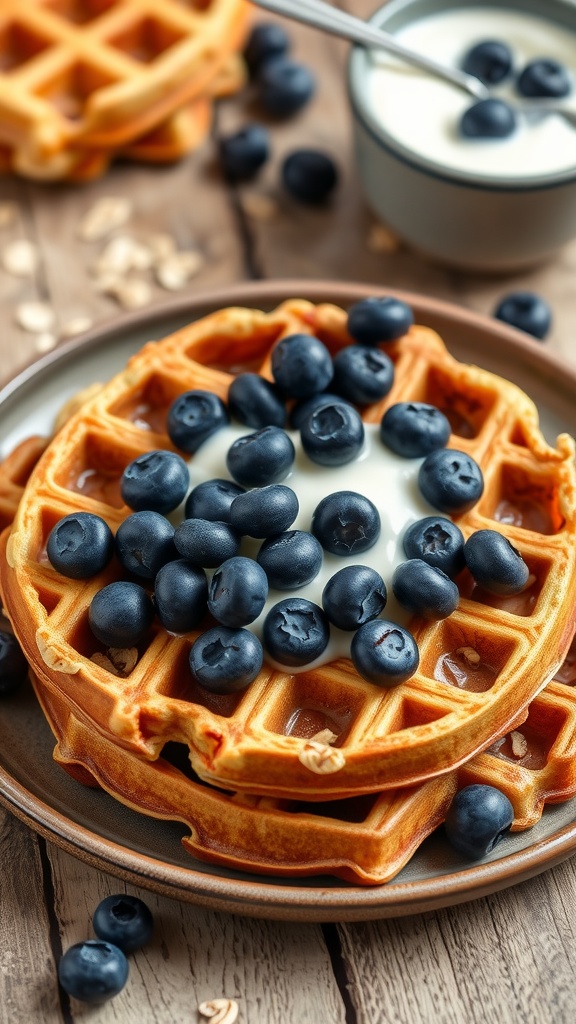 Plate of blueberry oat waffles topped with fresh blueberries and yogurt