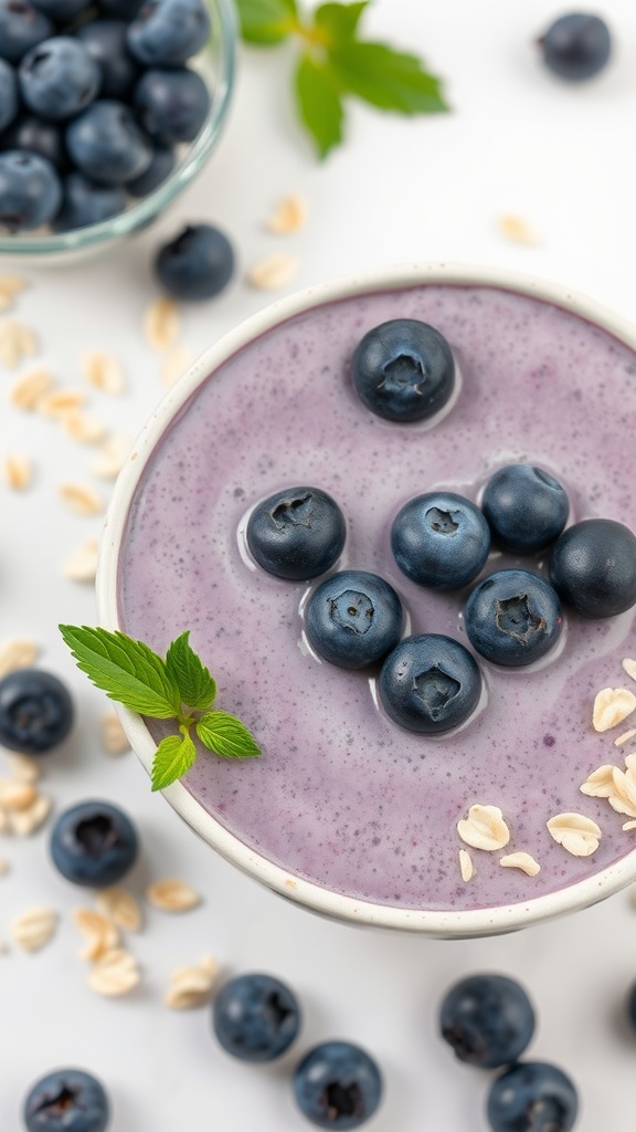 A vibrant Blueberry Oatmeal Smoothie topped with fresh blueberries and oats.