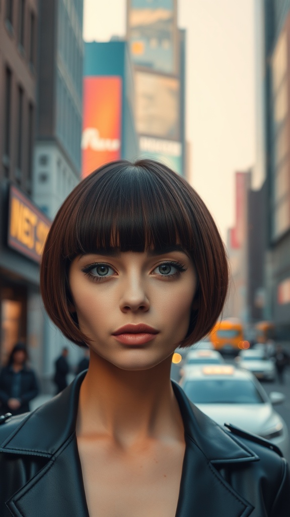 A woman with a blunt cut and bold bangs in a city street setting.
