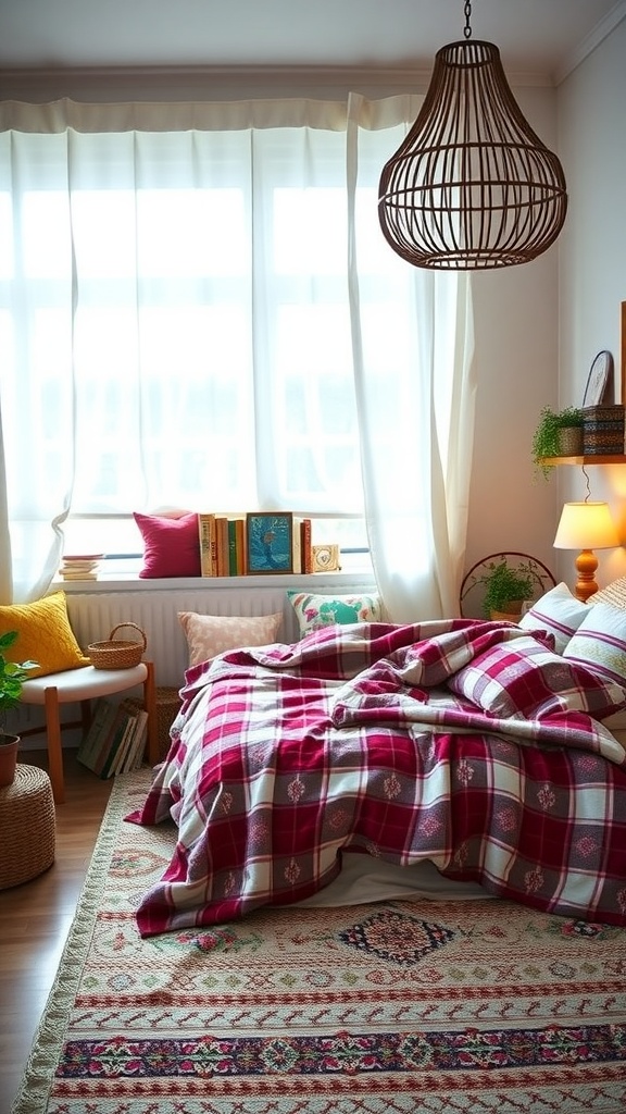 Bohemian bedroom with plaid blanket, colorful cushions, and plants