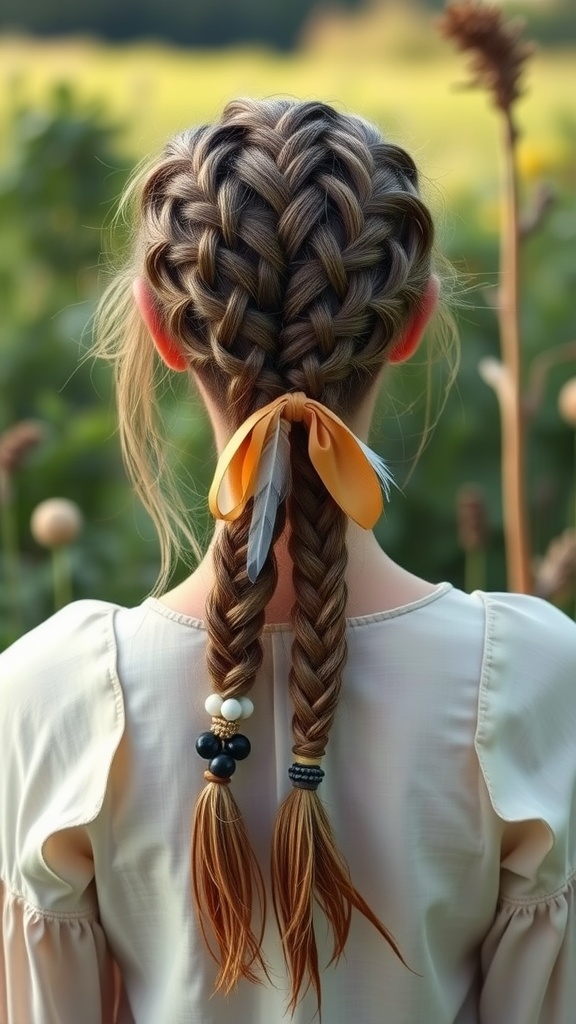 A girl with intricate bow braids, showcasing a bohemian hairstyle.