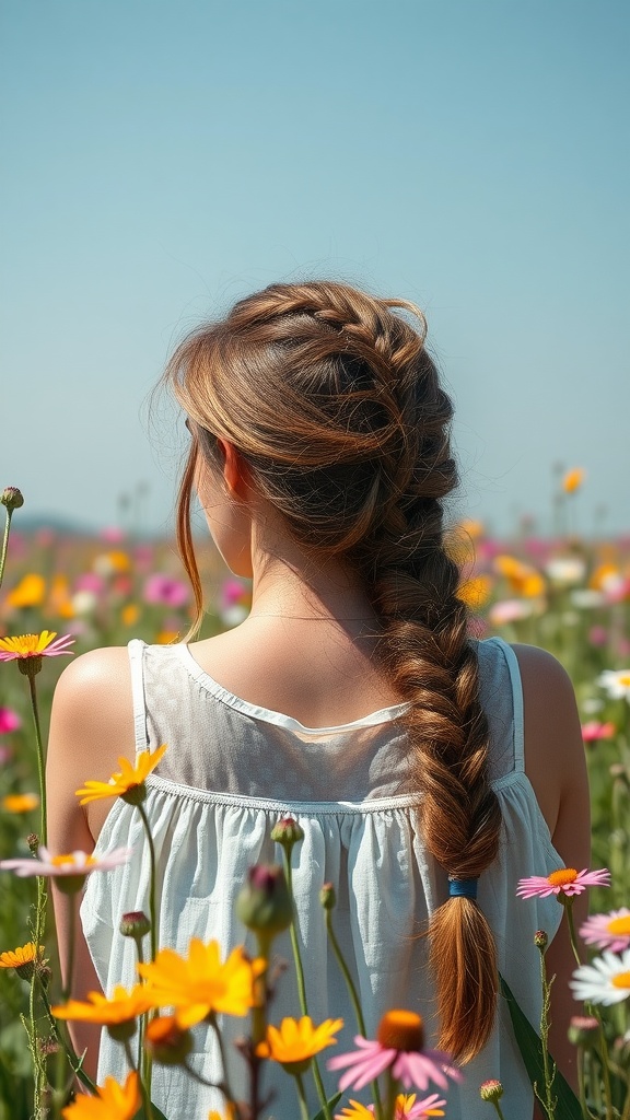 A woman with a bohemian braid hairstyle surrounded by colorful flowers in a field.