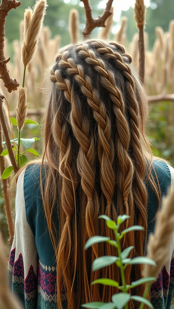 A person with medium length hair styled in bohemian braids, surrounded by nature.