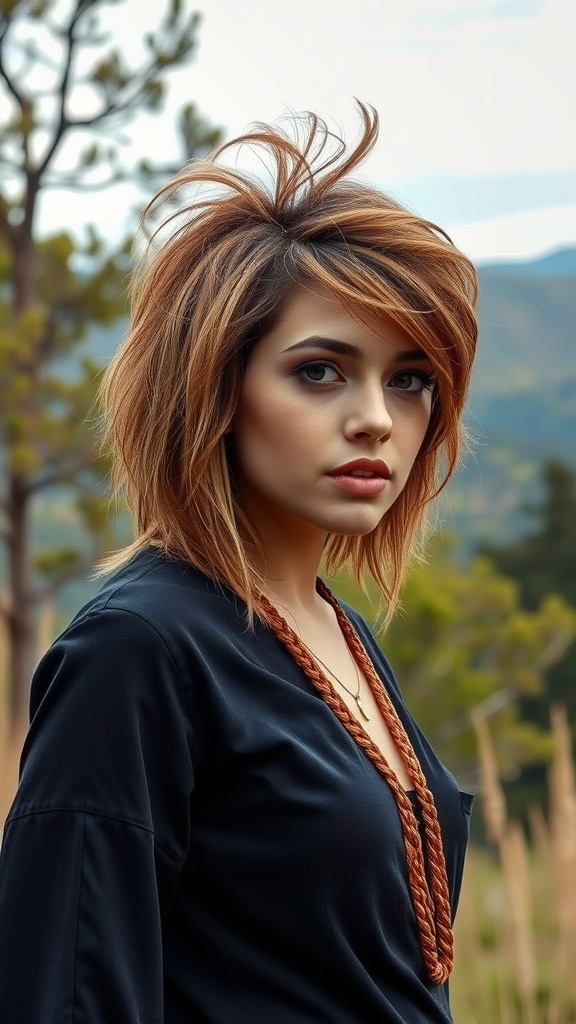 A woman with a bohemian mullet hairstyle, featuring natural waves and a relaxed style.