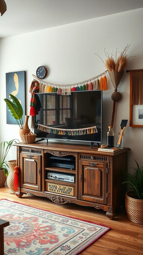 A bohemian styled TV unit with colorful decor and plants.