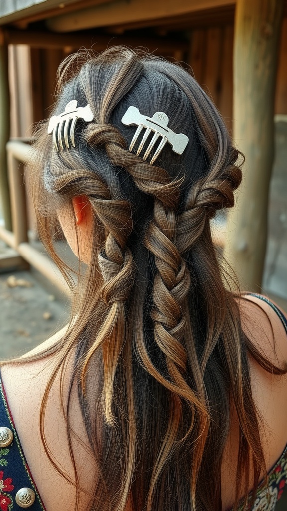 A hairstyle featuring braids secured with claw clips, showcasing a bohemian twist.
