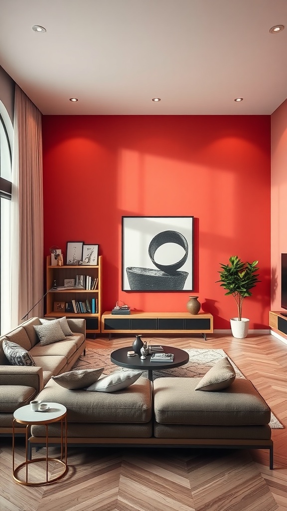 Living room with a bold red accent wall and cozy furniture.