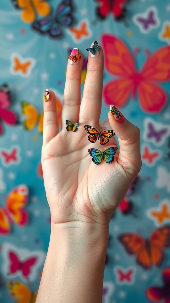 A hand displaying colorful butterfly nail art against a blue background with more butterflies.