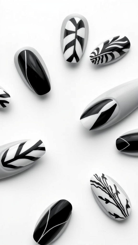 Various black and white nail designs arranged in a circular pattern