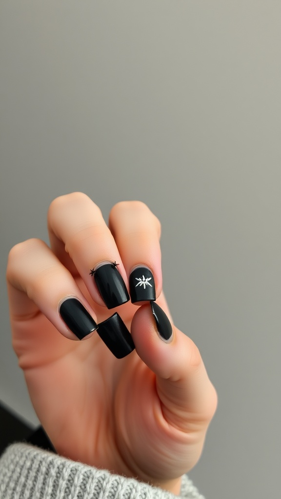 A hand displaying short square black nails with silver star designs.