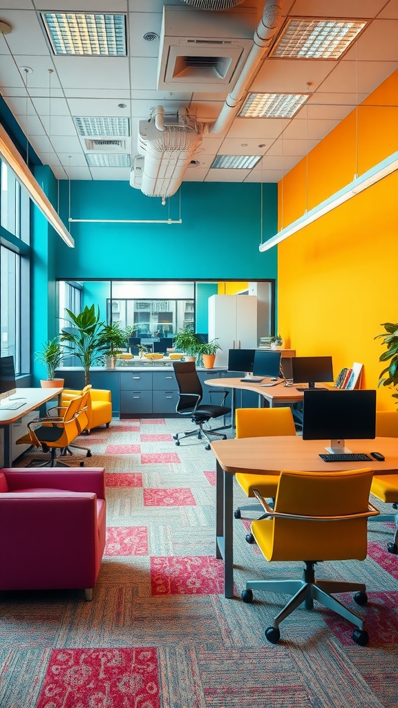 An office interior featuring bold color accents with teal and orange walls, vibrant furniture, and a modern layout.