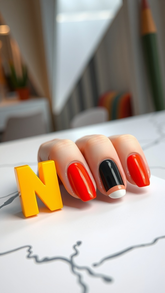 A close-up of colorful nails featuring red, black, and white polish, with a yellow 'N' decoration.