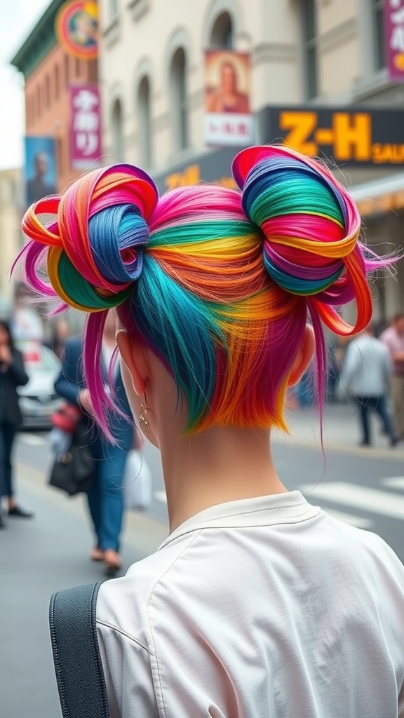 A person with a colorful bow hairstyle featuring vibrant rainbow colors.