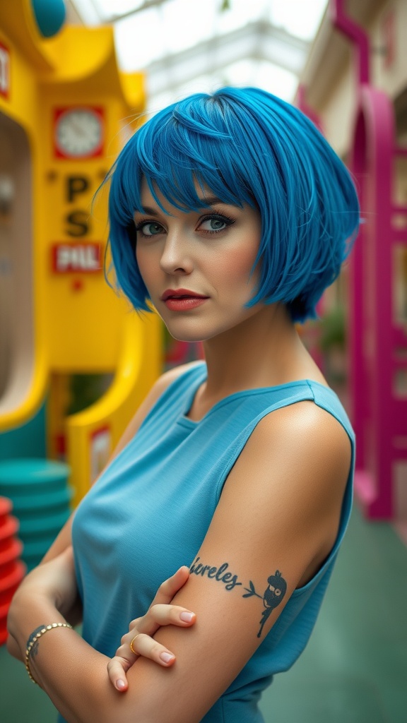 A woman with vibrant blue choppy bob hairstyle, wearing a blue top and showing her tattoo.