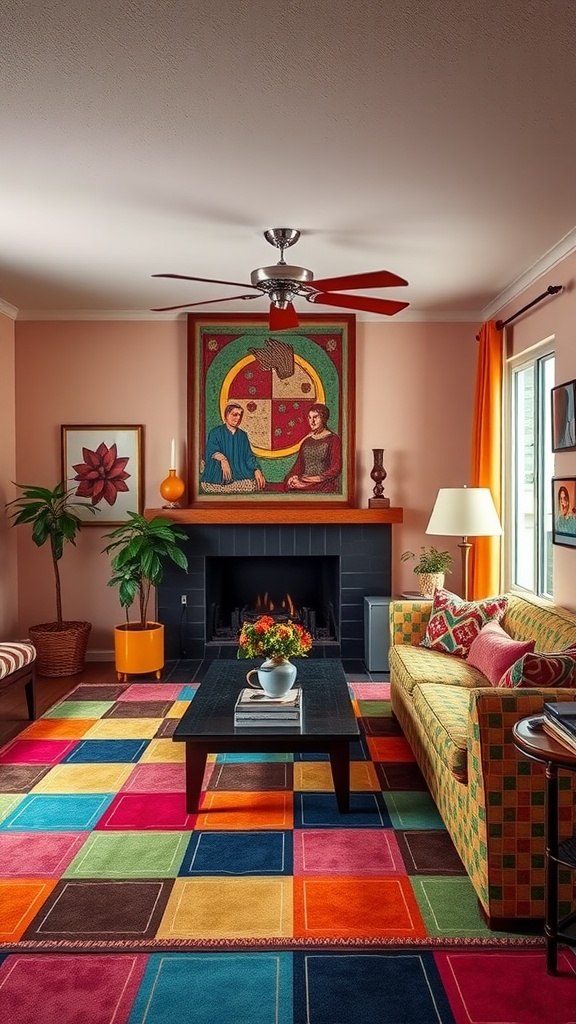 A vibrant 70s inspired living room featuring bold color palettes and patterns.