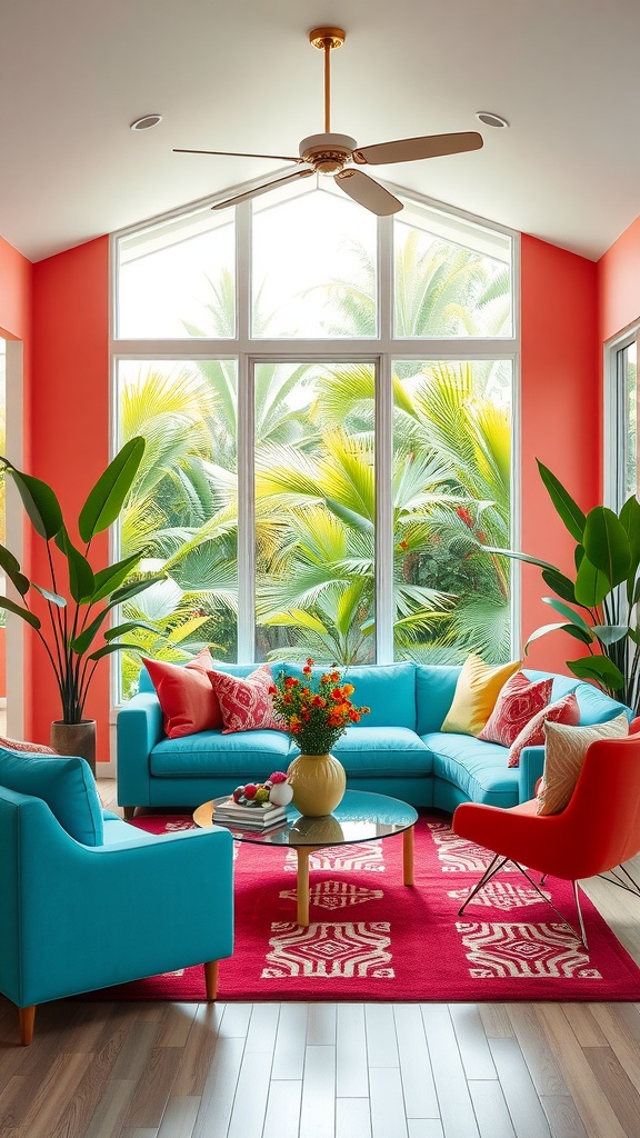 A vibrant tropical living room with colorful furniture and plants.