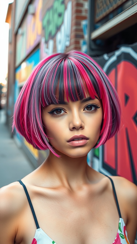 A young person with short, colorful hair and bangs, standing in front of a graffiti wall.