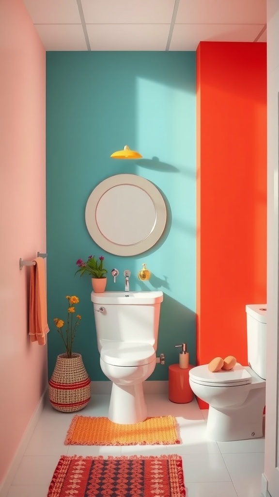 Modern bathroom with bold teal and coral walls, featuring a bright yellow light fixture and colorful rugs.