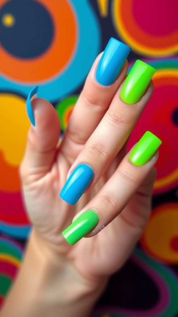 A close-up of a hand showing square acrylic nails in bright blue and green colors.