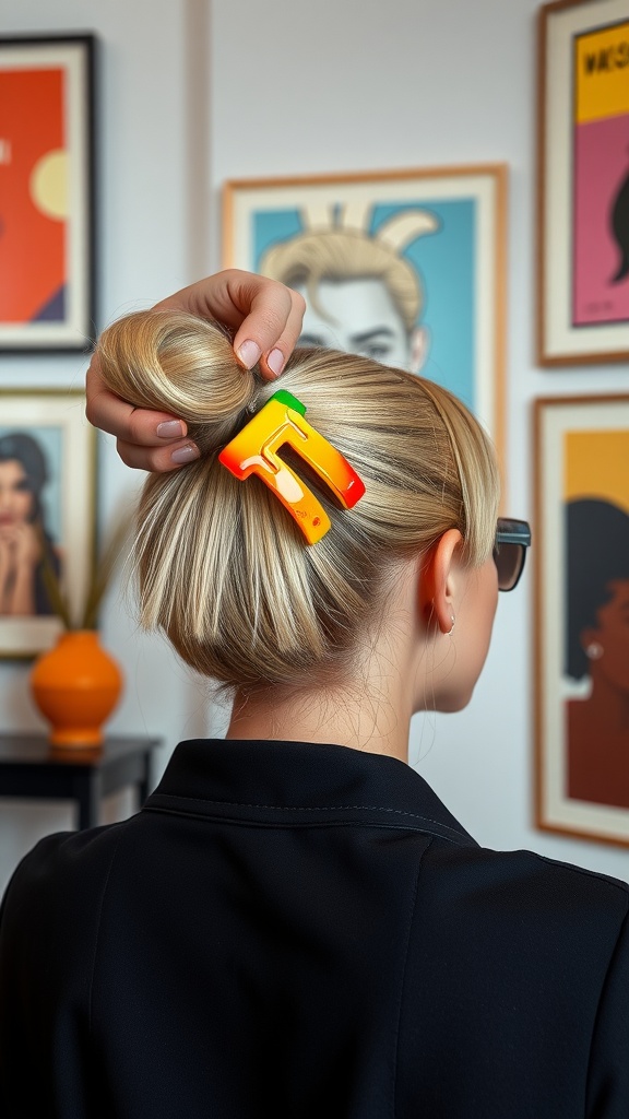 A woman with blonde hair styled in a bun, using a colorful claw clip, set against art decor.