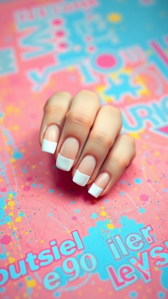 A hand with white French tip nails on a colorful background.