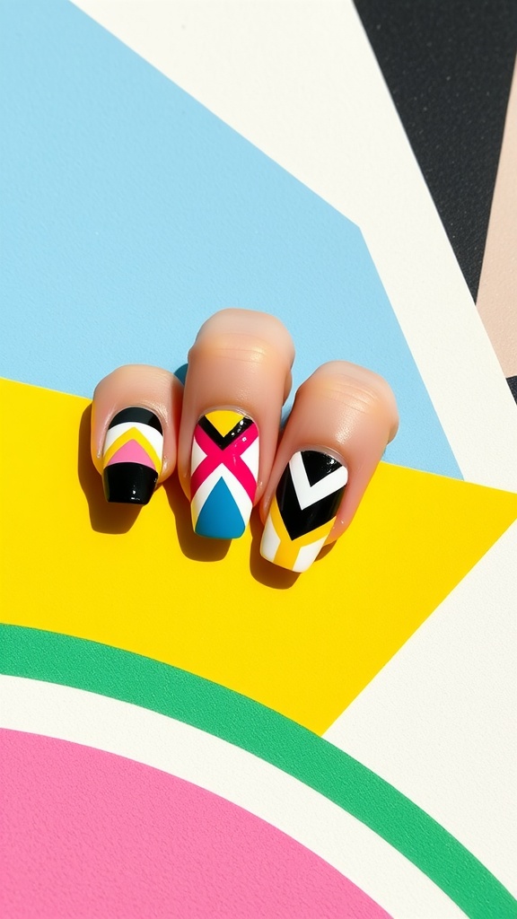 Nails featuring bold geometric patterns in vibrant colors