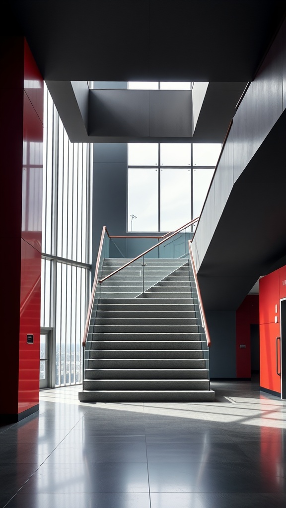Interior view of a modern geometric staircase with glass railings and bright red accents.