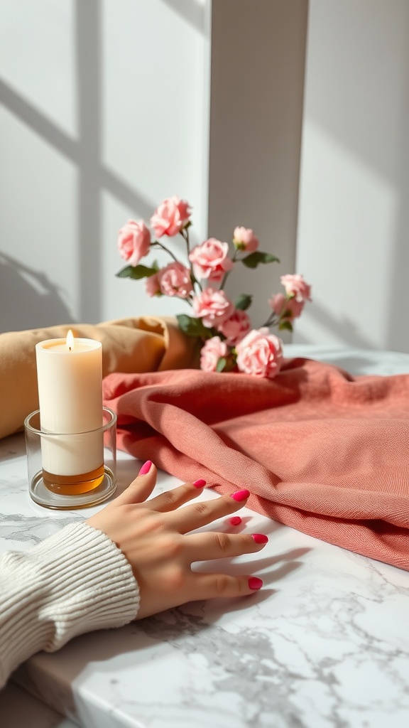 A hand with hot pink nails resting on a marble table next to a candle and flowers.