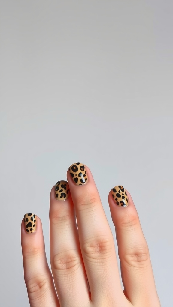 Short nails with a leopard print design featuring earth tones and black spots.