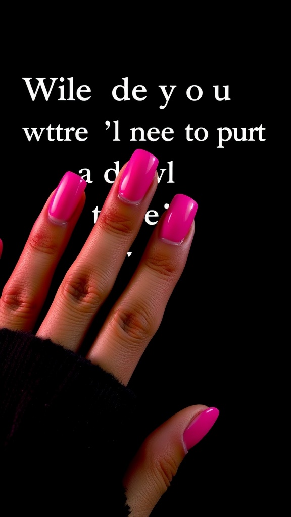 A close-up of hands with bold pink chrome nails against a dark background.