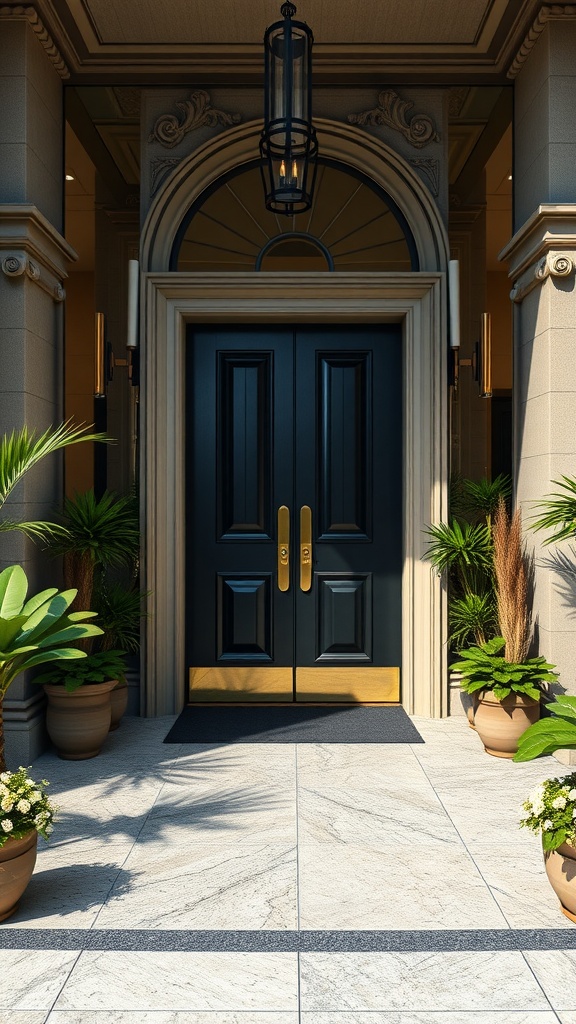 A grand entrance featuring black doors, surrounded by lush plants and elegant decor.