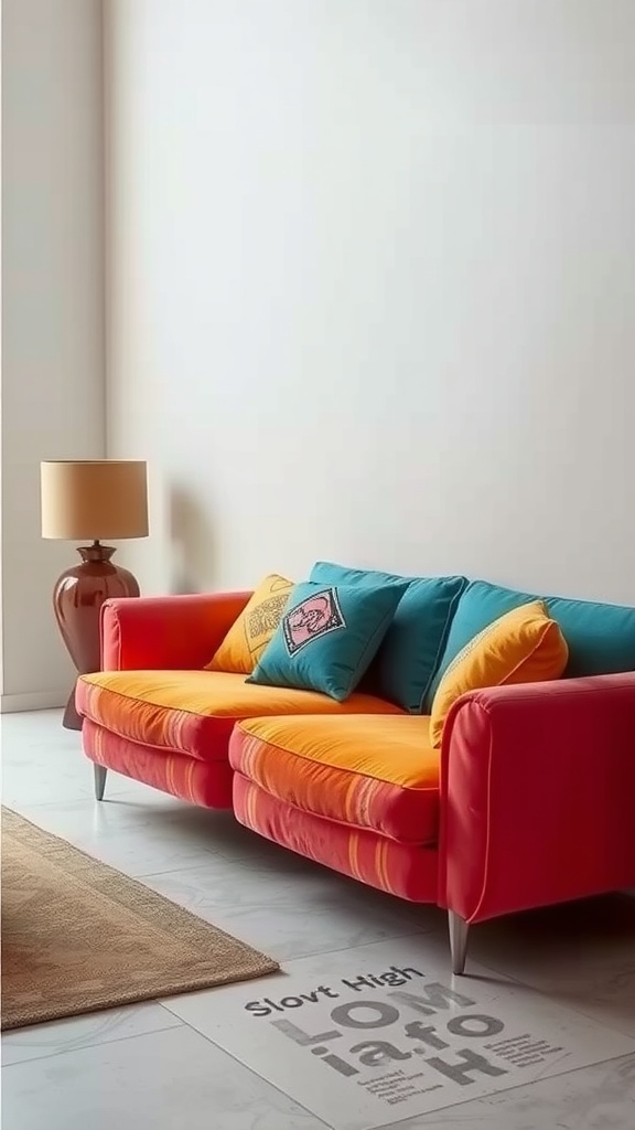 A vibrant retro-style sofa featuring bold colors and patterns, paired with a stylish lamp.