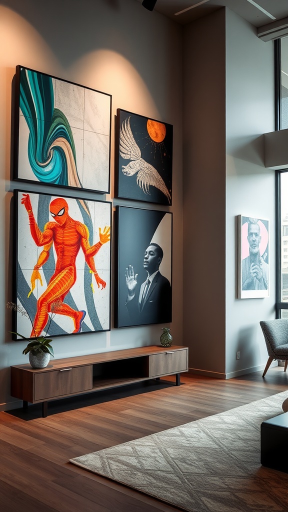 A stylish interior featuring bold wall art pieces, including colorful and dynamic designs.